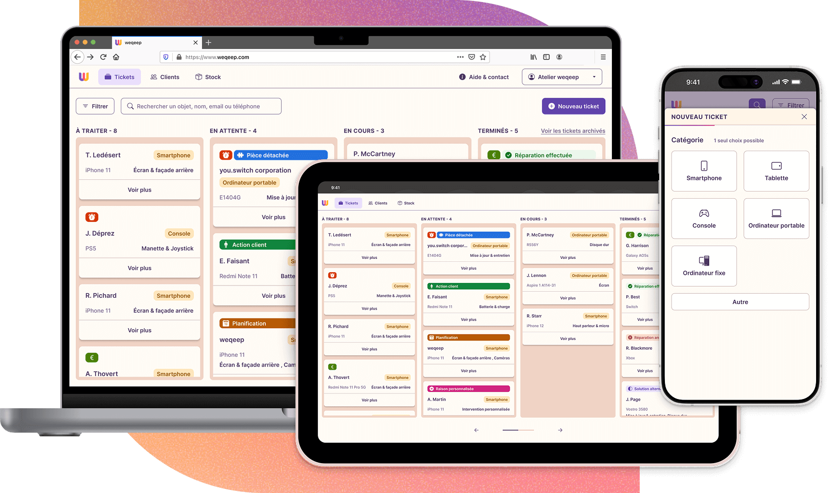 Vues de la plateforme weqeep sur 3 types d'écran: ordinateur, tablette et smartphone.