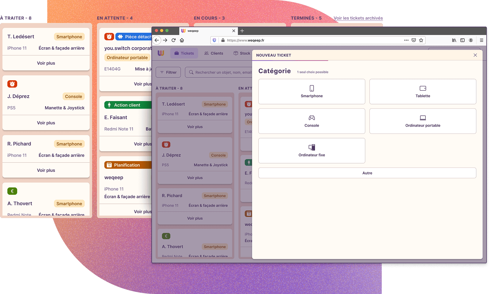 Vue de la fenêtre de création d'un ticket de réparation dans l'outil weqeep.