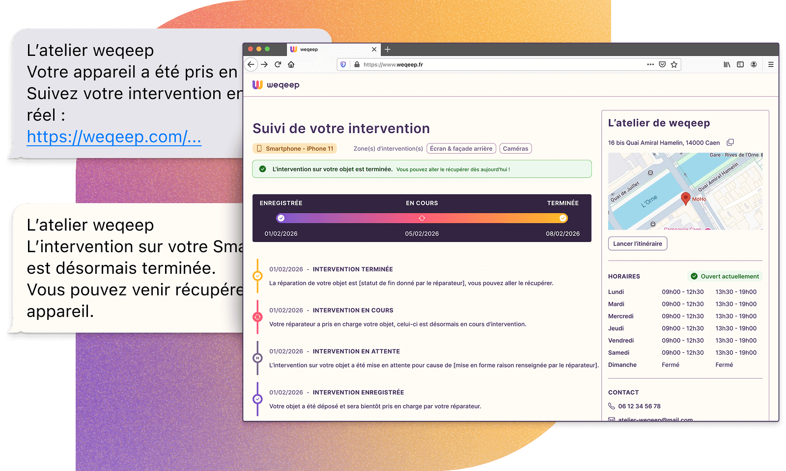 Vue de la page de suivi d'intervention destinée aux clients du réparateur.