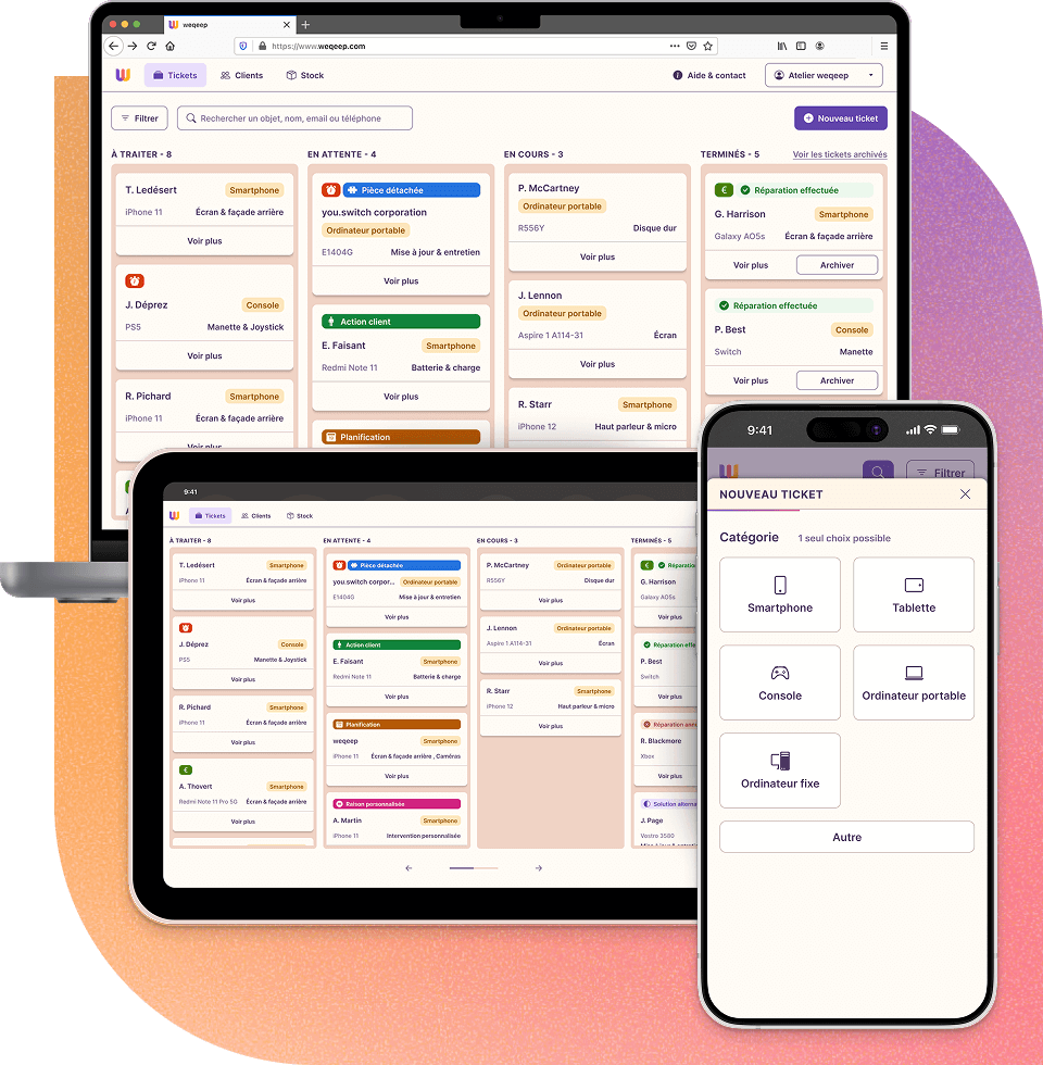 Vues de la plateforme weqeep sur 3 types d'écran: ordinateur, tablette et smartphone.