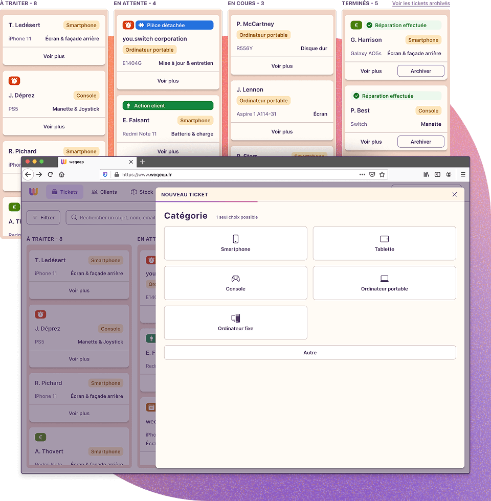 Vue de la fenêtre de création d'un ticket de réparation dans l'outil weqeep.