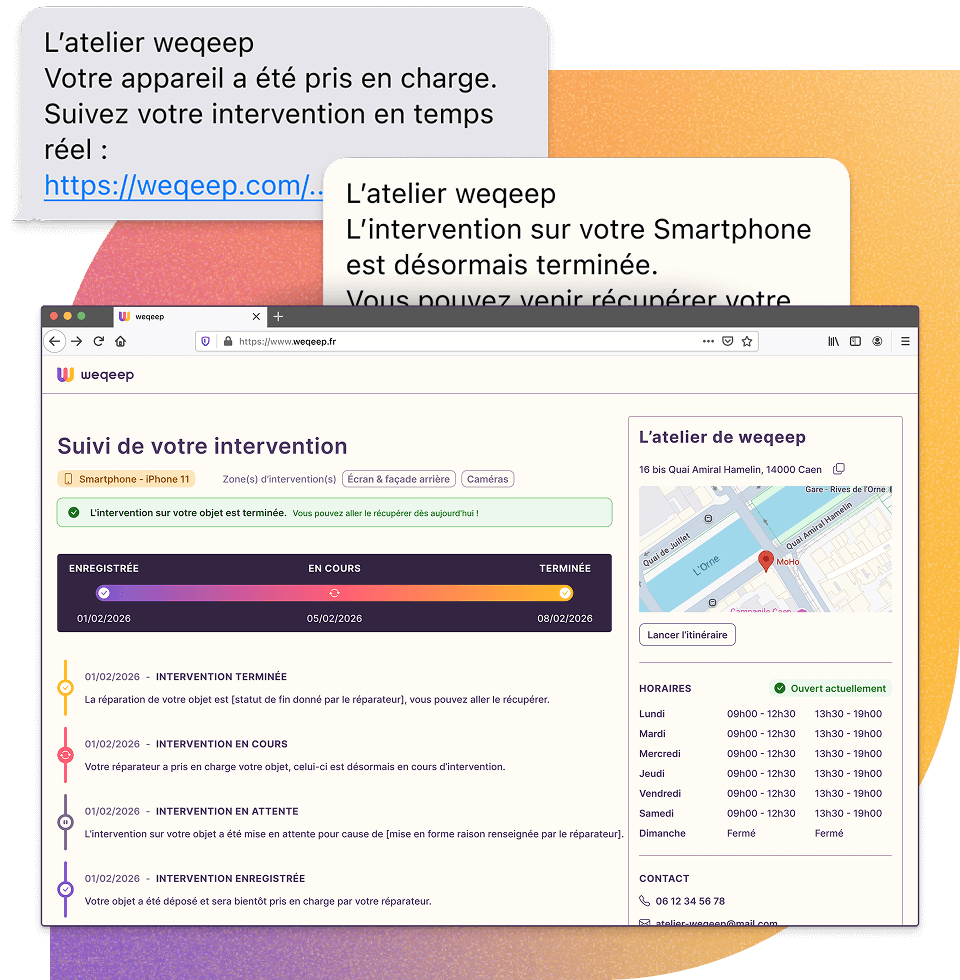 Vue de la page de suivi d'intervention destinée aux clients du réparateur.