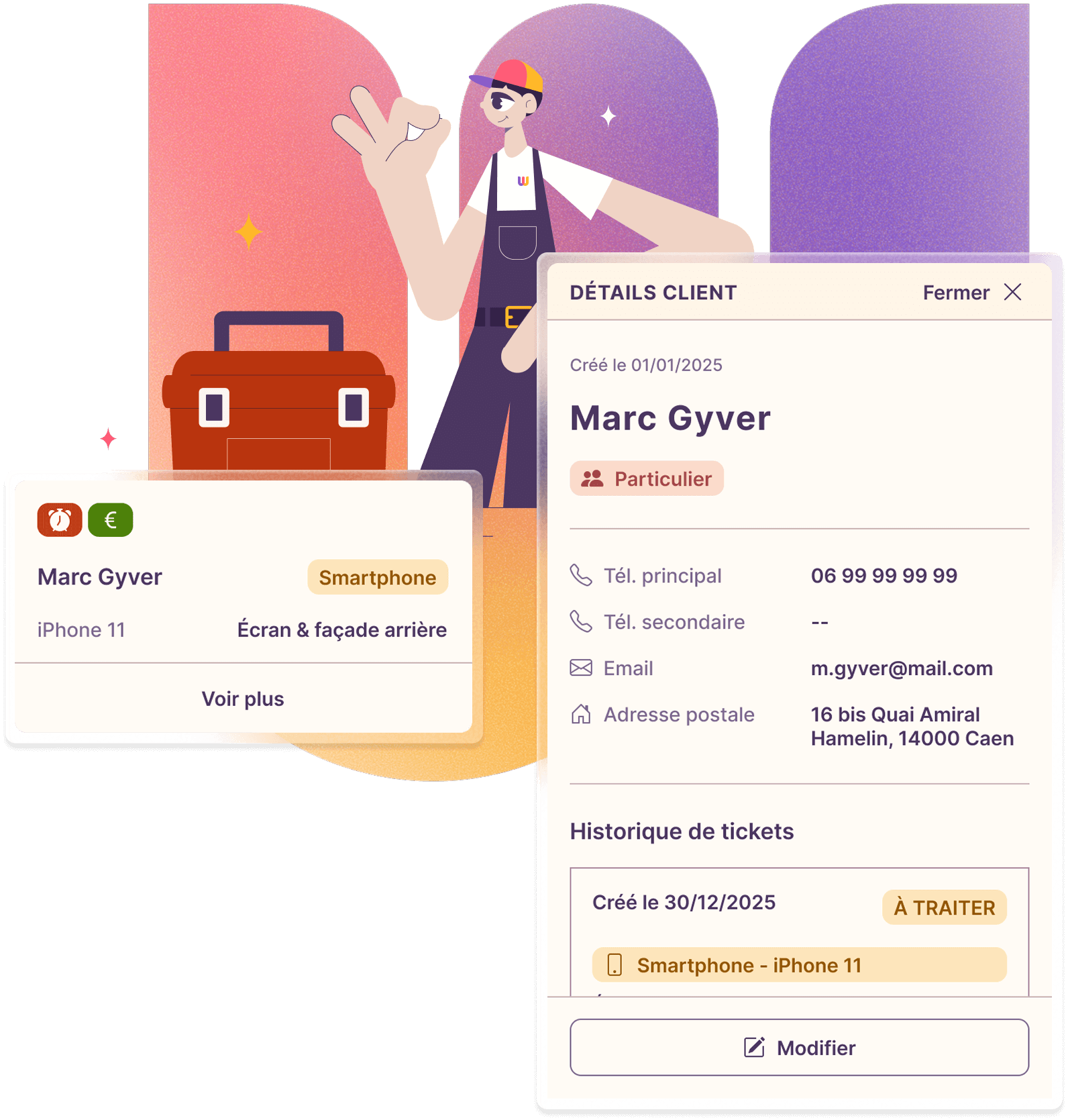 Vue d'exemples d'un ticket de réparation et d'une fiche client.