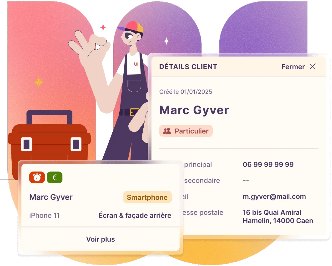 Vue d'exemples d'un ticket de réparation et d'une fiche client.